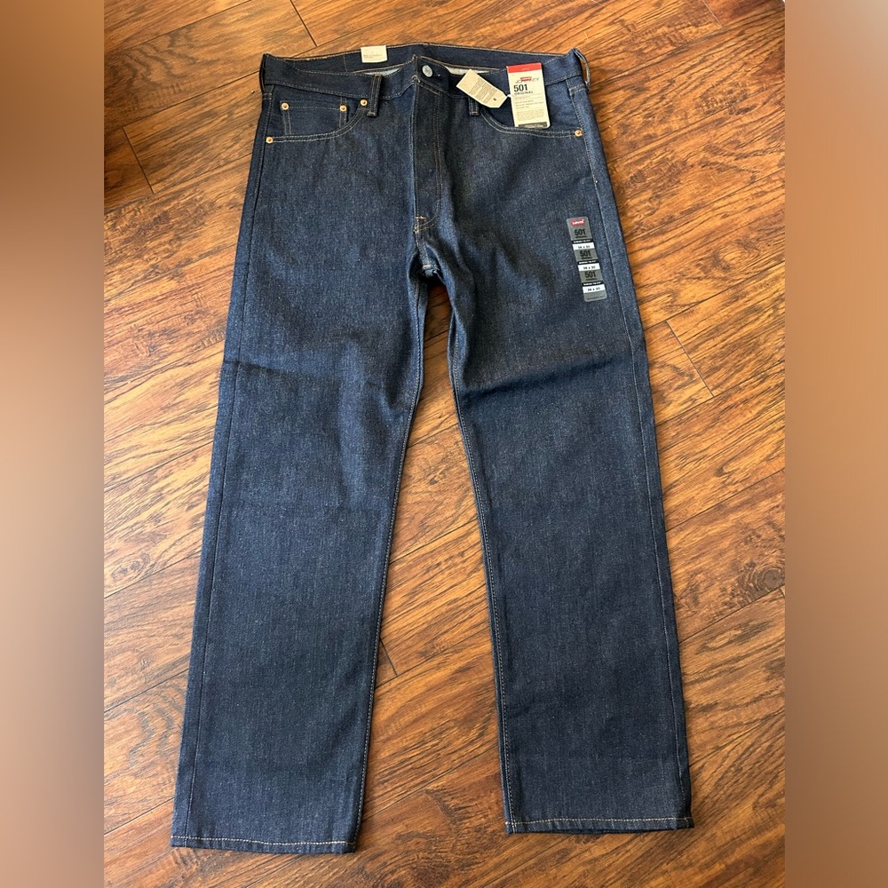 Levi 501 original shrink to fit button fly dark wash rigid denim jeans 36X30